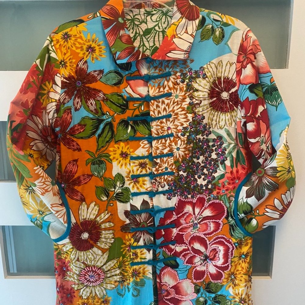 Exquisite floral, hand-beaded, pockets, ¾ summer jacket